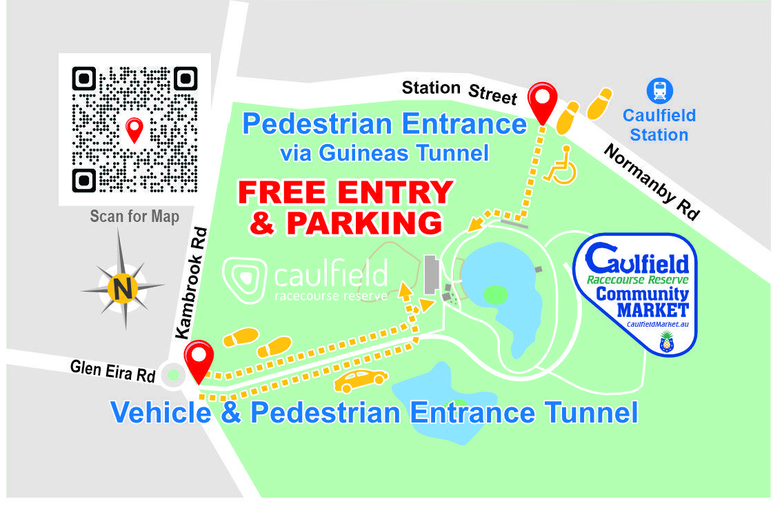 Map showing directions to Caulfield Racecourse Reserve Community Market